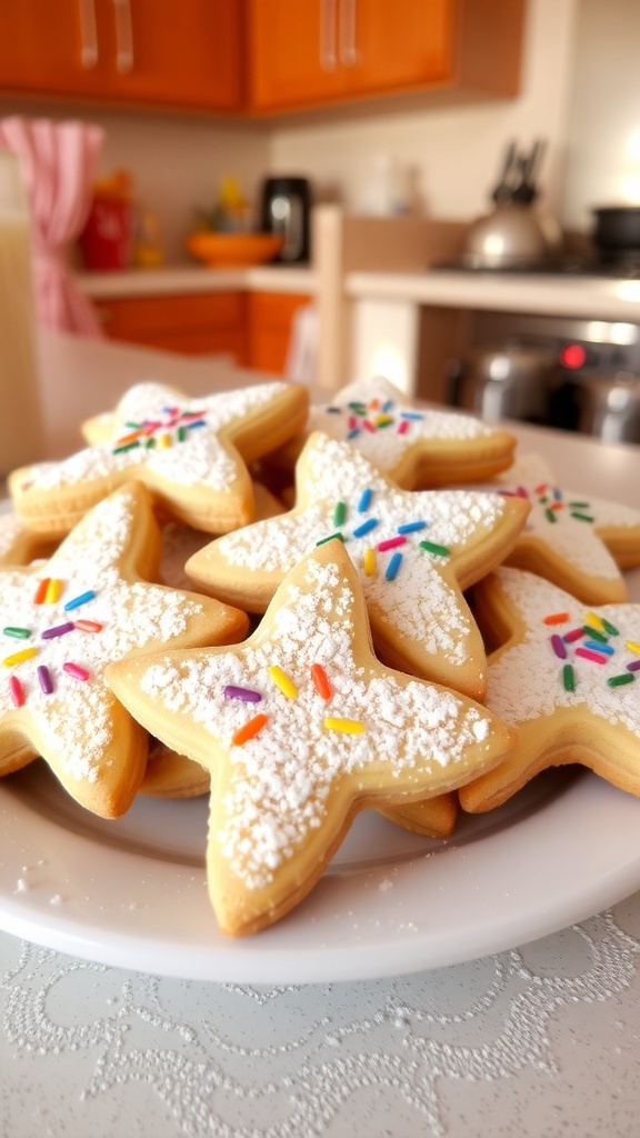 A plate of star-shaped cookies dusted with powdered sugar and decorated with sprinkles.